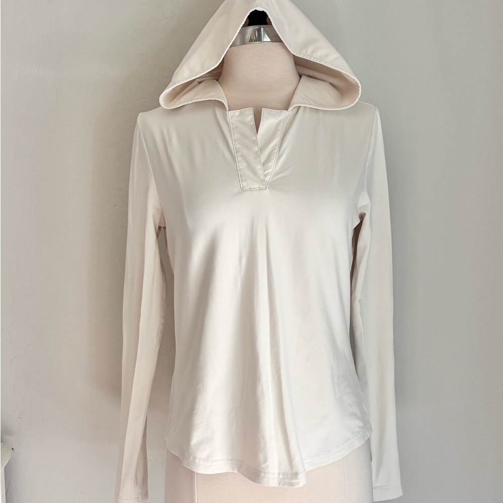 Ann Taylor Loft Hooded Split Neck Stretchy Nylon Pullover Top in Ivory, Sz M